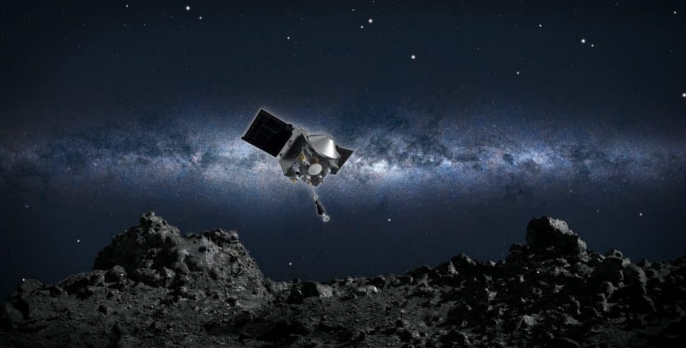 Concepto artístico de la nave espacial OSIRIS-REx de la NASA recogiendo una muestra del asteroide Bennu.