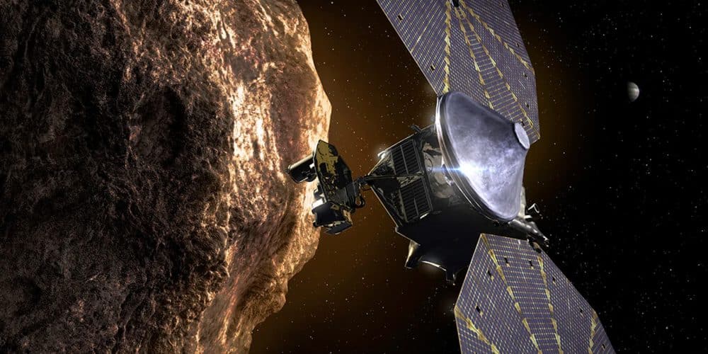 Ilustración de la nave espacial Lucy de la NASA sobrevolando el asteroide Dinkinesh.