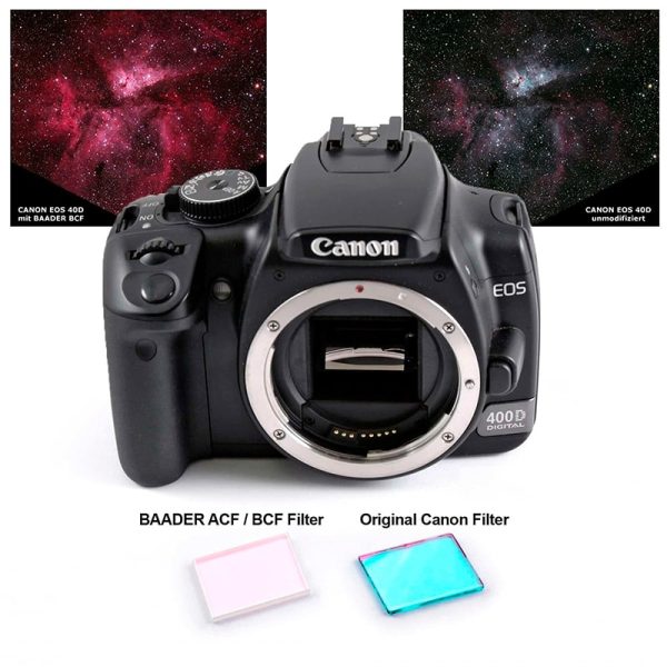 Cámara Canon astromodificada con filtros de Baader. Arriba a la izquierda la imagen de una nebulosa con la astromodificación y a la derecha sin ella.