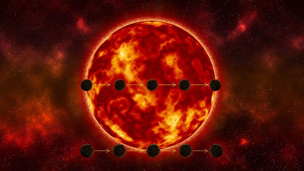 Este diagrama compara dos escenarios del paso de un exoplaneta del tamaño de la Tierra frente a su estrella anfitriona. El camino inferior muestra el planeta rozando la estrella. El estudio de la luz de este tránsito podría conducir a una estimación inexacta del tamaño del planeta, haciéndolo parecer más pequeño de lo que realmente es. El camino superior muestra la geometría óptima, donde el planeta transita todo el ancho del disco de la estrella.