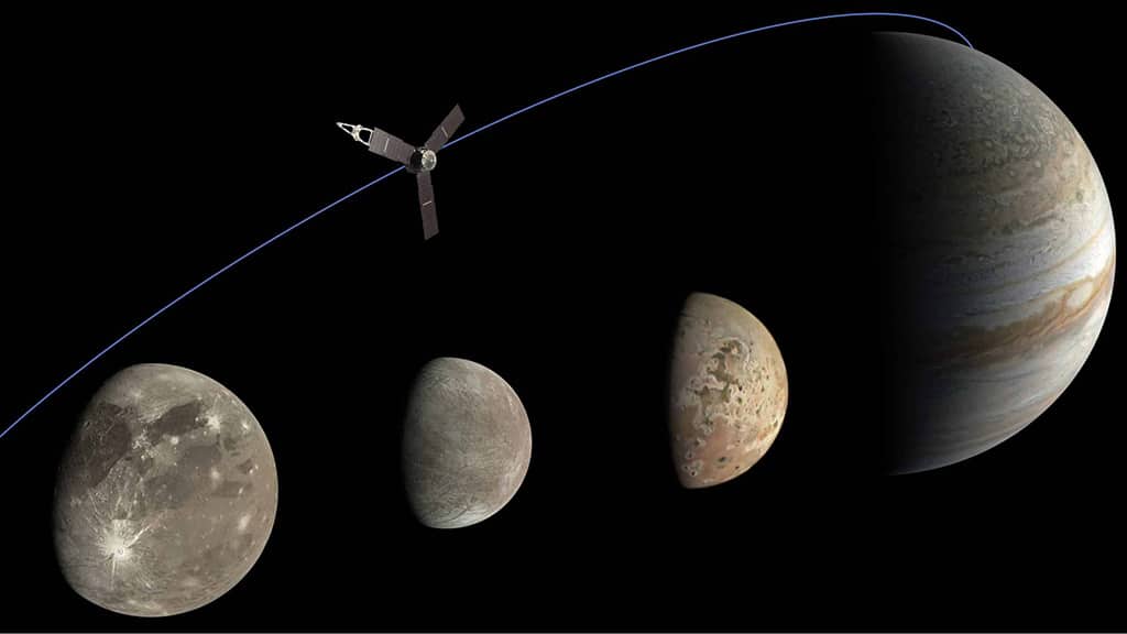 Desde la izquierda, Ganímedes, Europa e Io, las tres lunas jovianas por las que ha pasado la misión Juno de la NASA, así como Júpiter, se muestran en una ilustración fotográfica creada a partir de los datos recopilados por el generador de imágenes JunoCam de la nave espacial. Crédito: Datos de la imagen: NASA/JPL-Caltech/SwRI/MSSS. Procesamiento de imágenes: Kevin M. Gill (CC BY); Thomas Thomopoulos (CC BY)