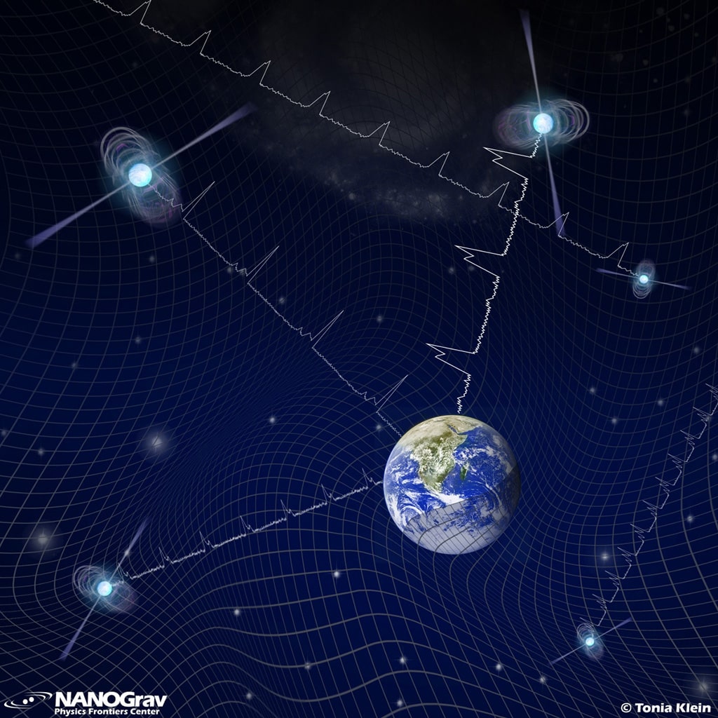 Las señales de los púlsares, medidas con una red de radiotelescopios globales, se ven afectadas por las ondas gravitacionales de los pares de agujeros negros que se propagan a través del espacio-tiempo.