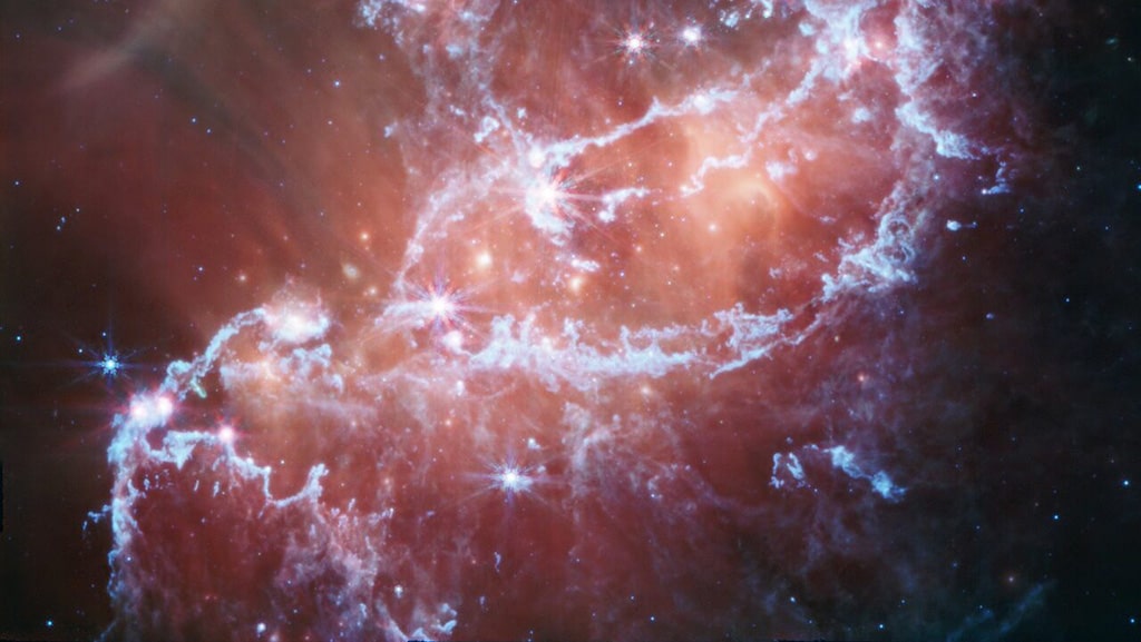 Esta nueva imagen infrarroja de NGC 346, obtenida por el Instrumento de Infrarrojo Medio (MIRI) del Telescopio Espacial James Webb de NASA/ESA/CSA, resalta las emisiones de gas frío y polvo.