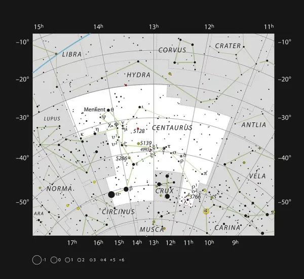 Este gráfico muestra la ubicación de la Nebulosa del Pollo Corredor (IC2944) en la gran constelación austral de Centauro. La nebulosa está marcada con un círculo rojo.
