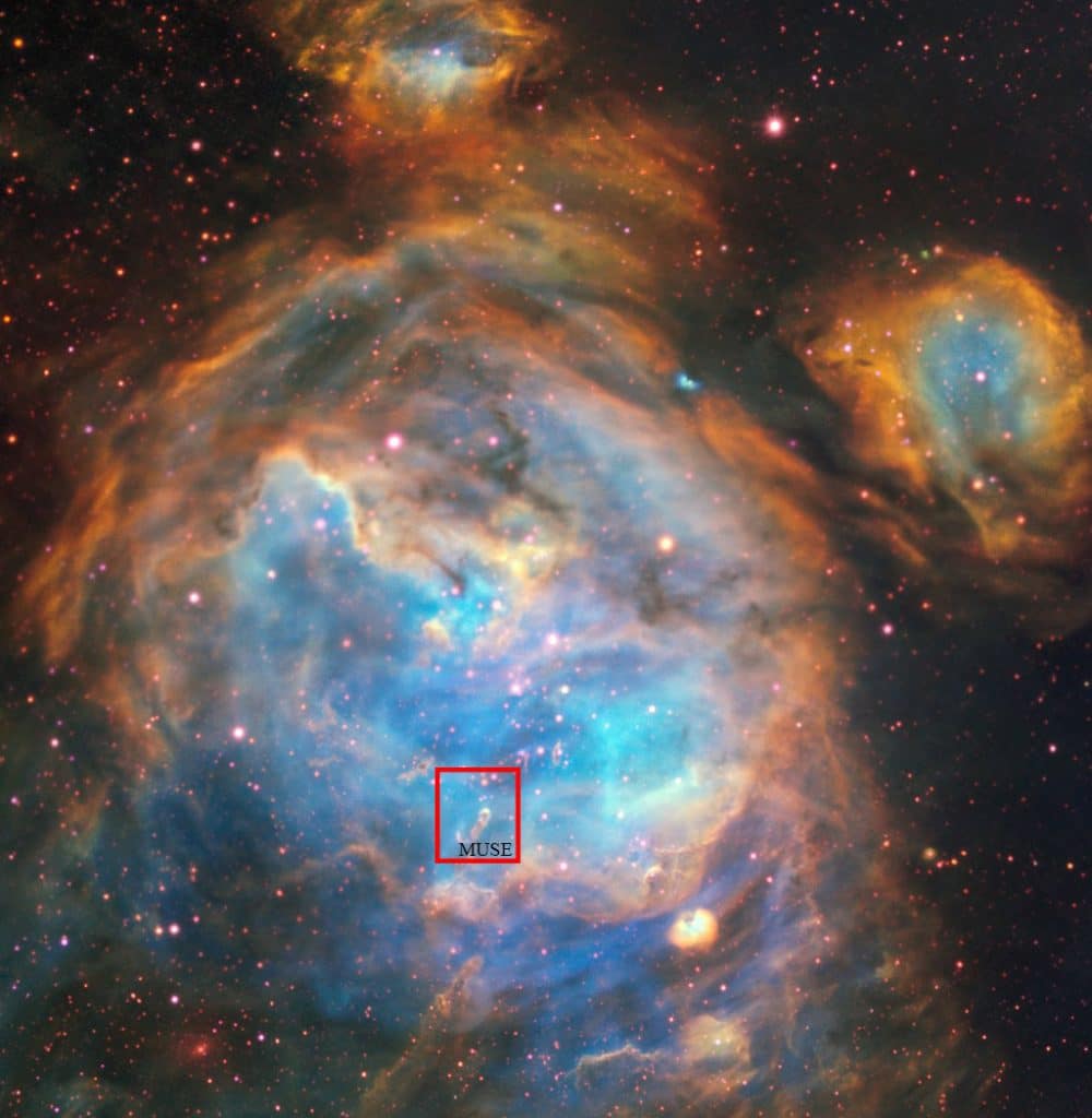 Primer disco protoplanetario: Esta deslumbrante región de estrellas recién formadas en la Gran Nube de Magallanes (GNM) fue capturada por el instrumento MUSE instalado en el VLT de ESO. La cantidad relativamente pequeña de polvo en la GNM y la aguda visión de MUSE, permitieron detectar detalles complejos de la región en luz visible.