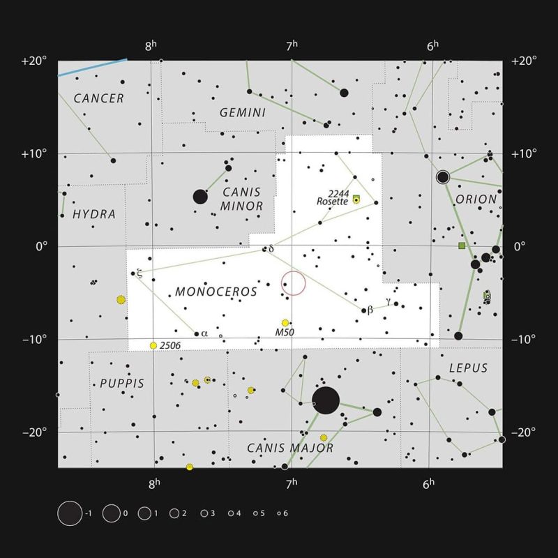 Este gráfico muestra la posición de la estrella V960 Mon en la constelación de Monoceros (El Unicornio). El mapa muestra la mayoría de las estrellas visibles a simple vista en condiciones de buena visibilidad.