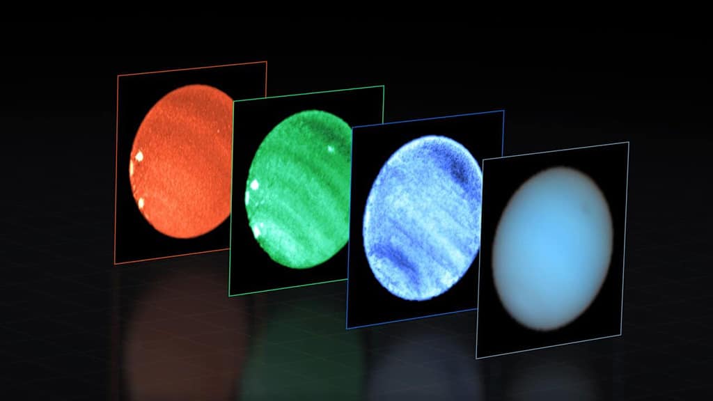 La imagen de la derecha combina todos los colores capturados por MUSE en una vista "natural" de Neptuno, donde se puede ver una mancha oscura en la parte superior derecha. Luego vemos imágenes en longitudes de onda específicas: 551 nanómetros (azul), 831 nm (verde) y 848 nm (rojo). La mancha oscura es más prominente en longitudes de onda más cortas (más azules). Justo al lado de esta mancha oscura, MUSE también capturó una pequeña y brillante, que se ve aquí solo en la imagen central a 831 nm y se encuentra en lo profundo de la atmósfera. Este tipo de nube profunda y brillante nunca antes se había identificado en el planeta. Las imágenes también muestran otros puntos brillantes menos profundos hacia el borde inferior izquierdo de Neptuno, vistos en longitudes de onda largas. La obtención de imágenes de la mancha oscura de Neptuno desde la Tierra solo fue posible gracias a la Óptica Adaptativa del VLT, que corrige el desenfoque causado por la turbulencia atmosférica y permite a MUSE obtener imágenes nítidas.