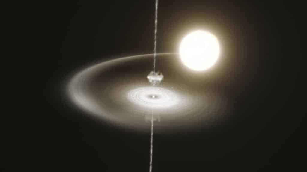 Esta reproducción artística muestra al púlsar PSR J1023 + 0038 robando gas de su estrella compañera