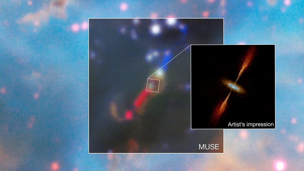 Primer disco protoplanetario: Este mosaico muestra, en su centro, una imagen real del joven sistema estelar HH 1177, en la Gran Nube de Magallanes. La imagen fue obtenida con el instrumento MUSE del VLT de ESO y muestra los chorros expulsados desde la estrella.