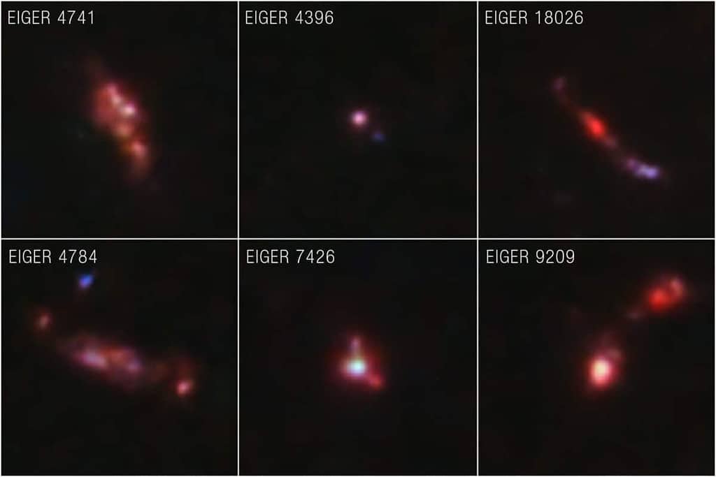 El telescopio espacial James Webb de la NASA ha devuelto imágenes extraordinariamente detalladas en el infrarrojo cercano de galaxias que existieron cuando el universo tenía solo 900 millones de años, incluidas estructuras nunca antes vistas. Estas galaxias distantes son grumosas, a menudo alargadas y están formando estrellas activamente.