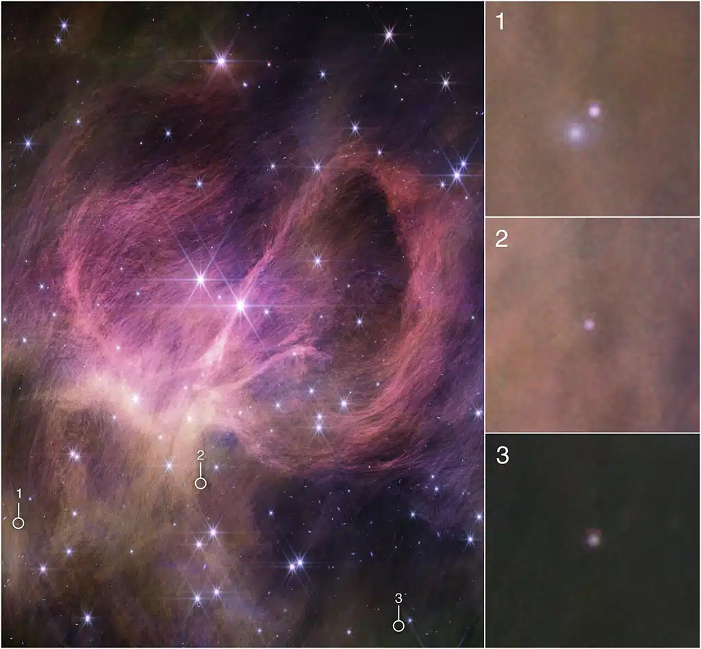 Webb descubre en IC 348 la Enana Marrón más pequeña: Rodeadas por un círculo en la imagen principal, se muestran tres enanas marrones con menos de 8 veces la masa de Júpiter. La más pequeña tiene sólo tres o cuatro veces la masa de Júpiter, lo que desafía las teorías sobre la formación de estrellas.