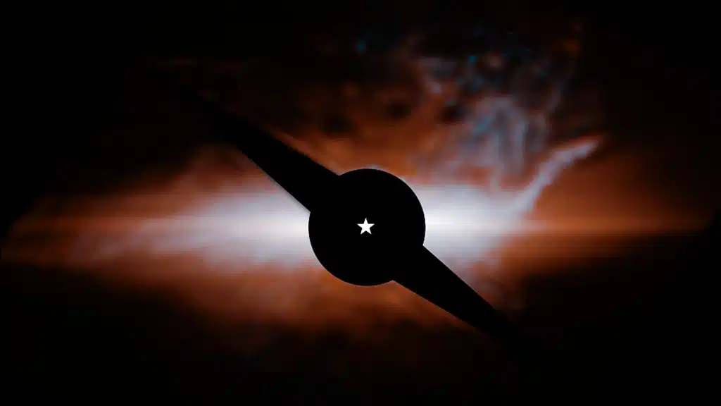 Imagen del MIRI de Webb que muestra el sistema estelar Beta Pictoris. Un disco de escombros polvorientos generado por colisiones entre planetesimales (naranja) domina la vista en posición lateral. Un disco secundario más cálido (cian) está inclinado aproximadamente 5 grados en relación con el disco primario. La característica curva en la parte superior derecha, apodada por el equipo científico como la "cola de gato", nunca se había visto antes. Se ha utilizado un coronógrafo (círculo y barra negros) para bloquear la luz de la estrella central, cuya ubicación está marcada con una forma de estrella blanca.