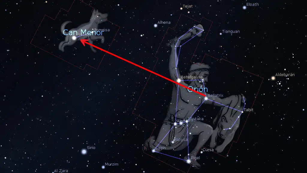 Constelaciones de invierno: trazando una línea entre Bellatrix y Betelgeuse hacia la izquierda, a unos 30 grados se encuentra Proción, la estrella más brillante de la constelación de Can Menor.