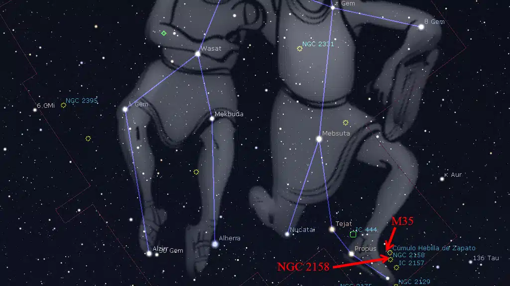 Constelaciones de invierno: Ubicación de M35 y NGC 2158, en Géminis.