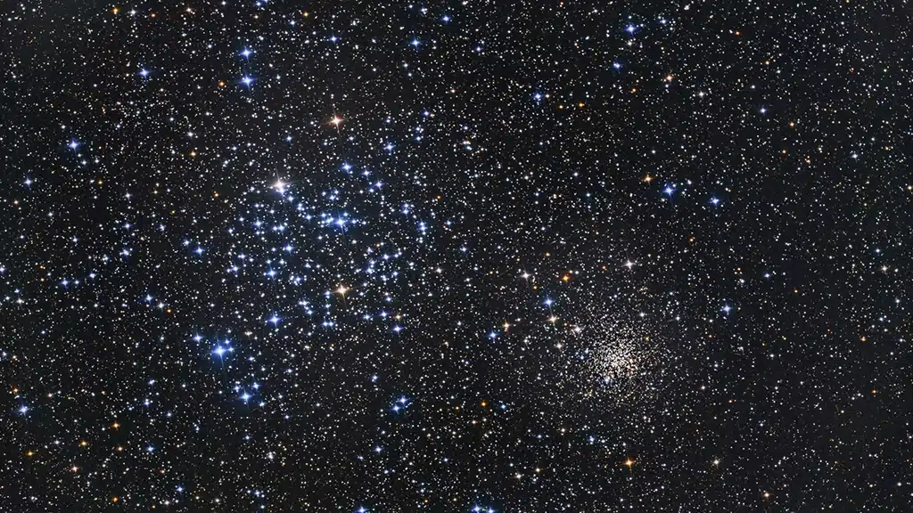 M35, a la izquierda, está relativamente cerca a 2.800 años luz de distancia, es relativamente joven, con 150 millones de años de edad, y relativamente difuso, con alrededor de 2.500 estrellas distribuidas en un volumen de 30 años luz de diámetro. A la derecha, NGC 2158 está cuatro veces más lejos que M35, es más de 10 veces más antiguo y es mucho más compacto.