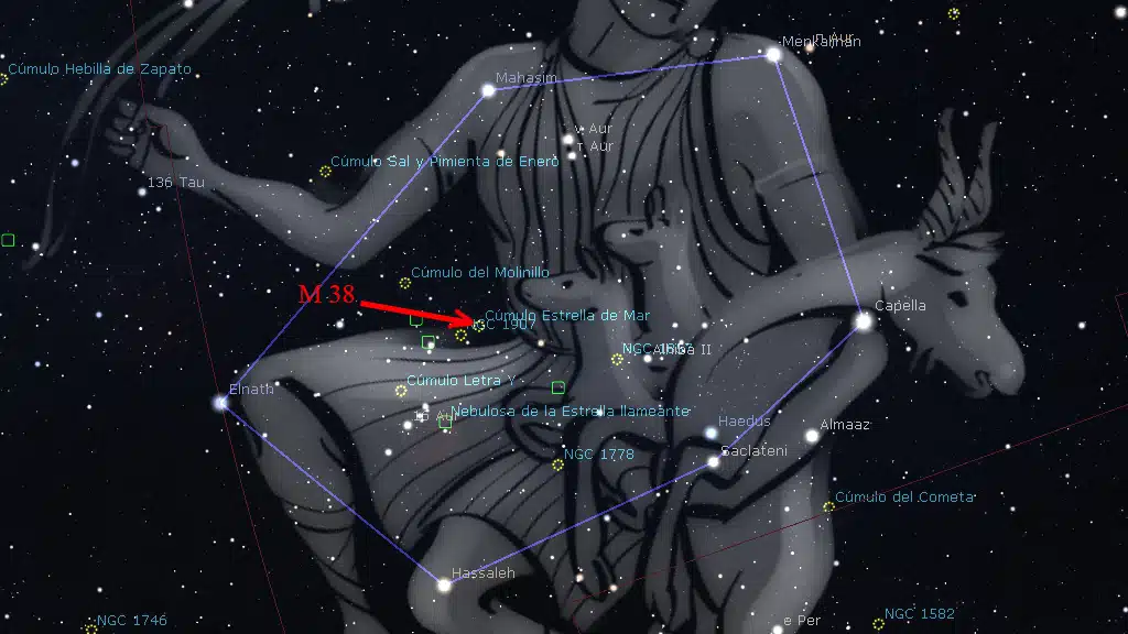Constelaciones de invierno: Ubicación de La Estrella de Mar (M38), en Auriga.