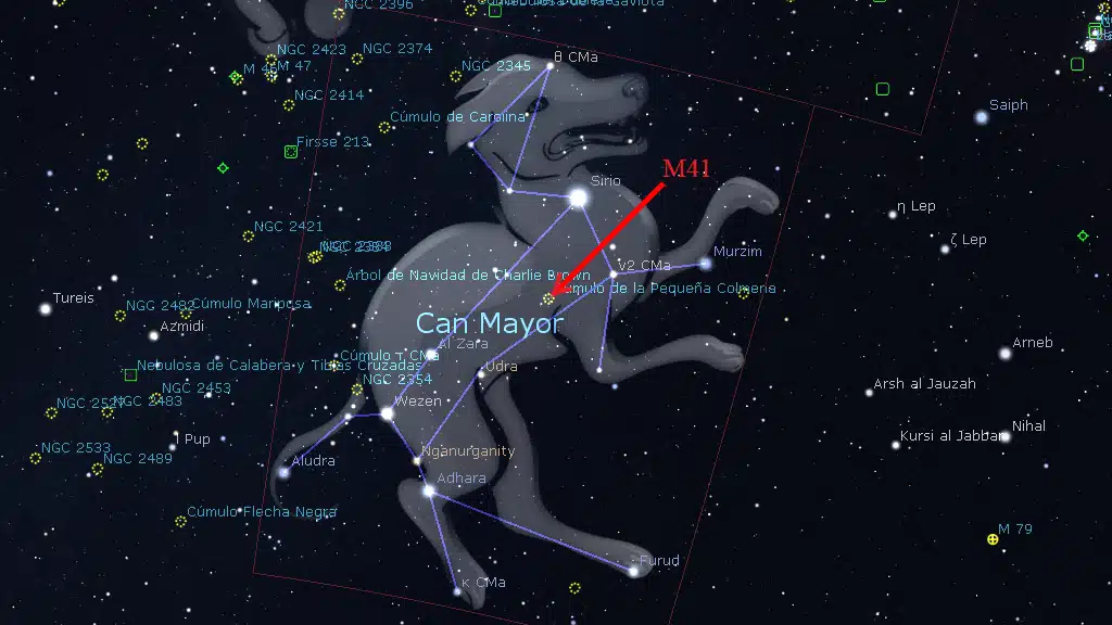 Constelaciones de invierno: Ubicación de M41, en Can Mayor.