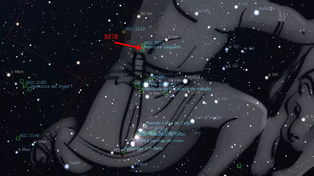 Constelaciones de invierno: Ubicación de M78, en Orión.