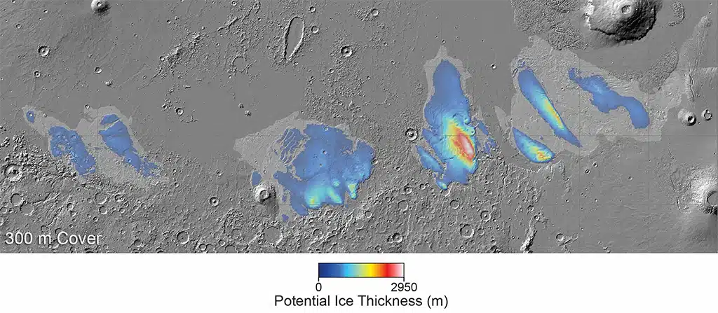 Agua en Marte: Mapa del grosor potencial del hielo en el MFF.