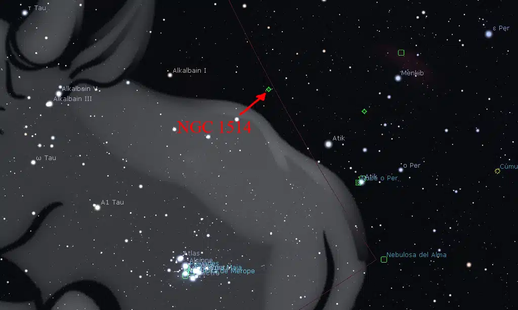 Constelaciones de invierno: Ubicación de NGC 1514, Nebulosa bola de cristal, en Tauro.