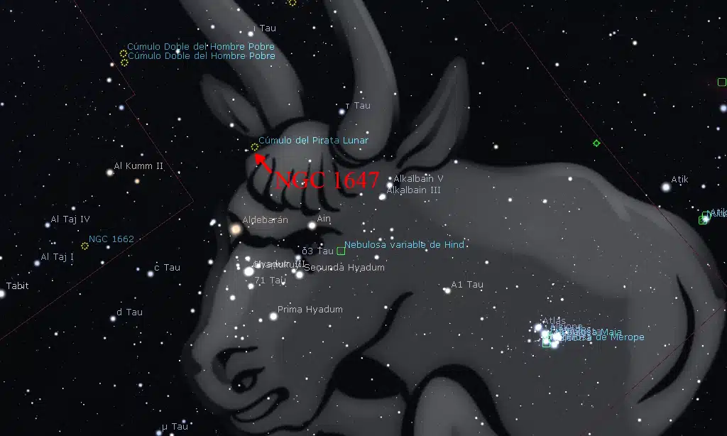 Constelaciones de invierno: Ubicación de NGC 1647, Cúmulo del pirata lunar, en Tauro.