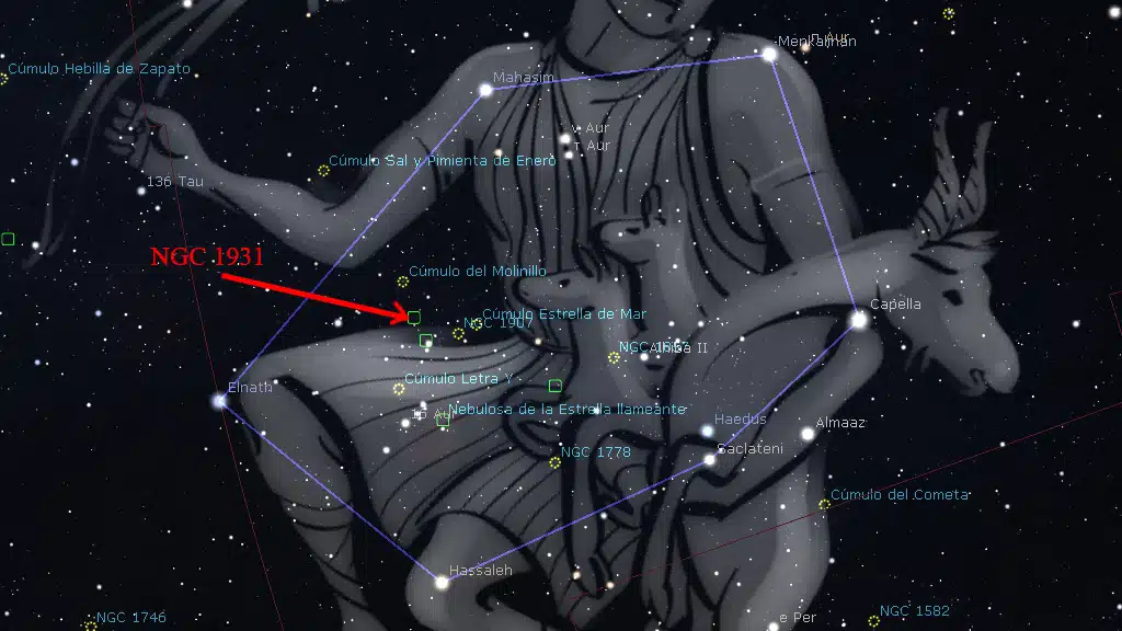 Constelaciones de invierno: Ubicación de la Nebulosa de la Mosca (NGC 1931), en Auriga.