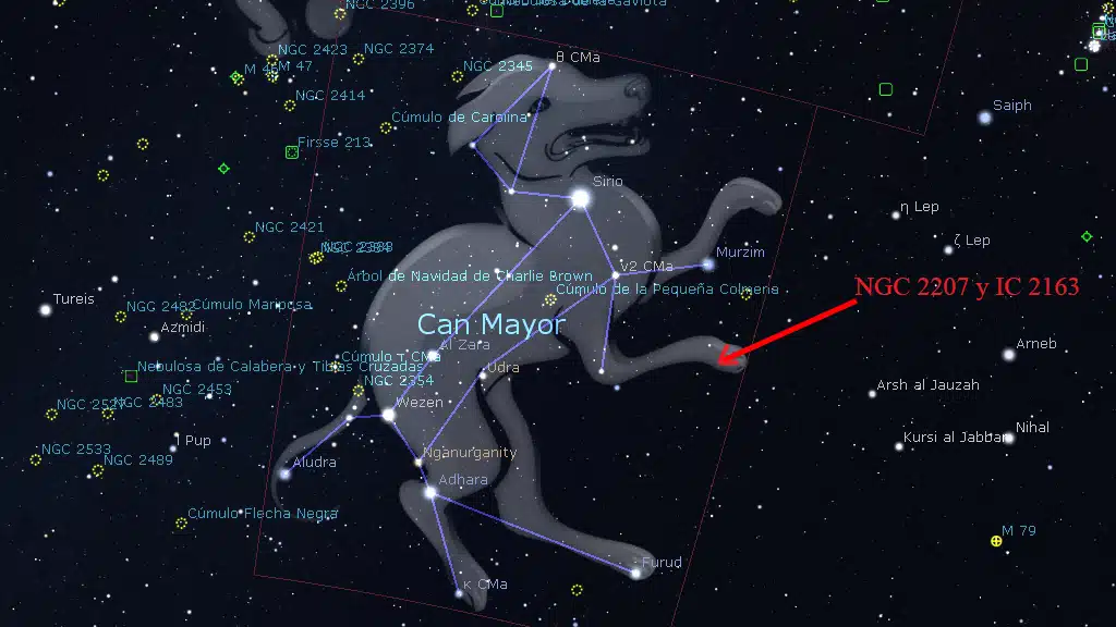 Constelaciones de invierno: Ubicación de NGC 2207 y IC 2163, en Can Mayor.