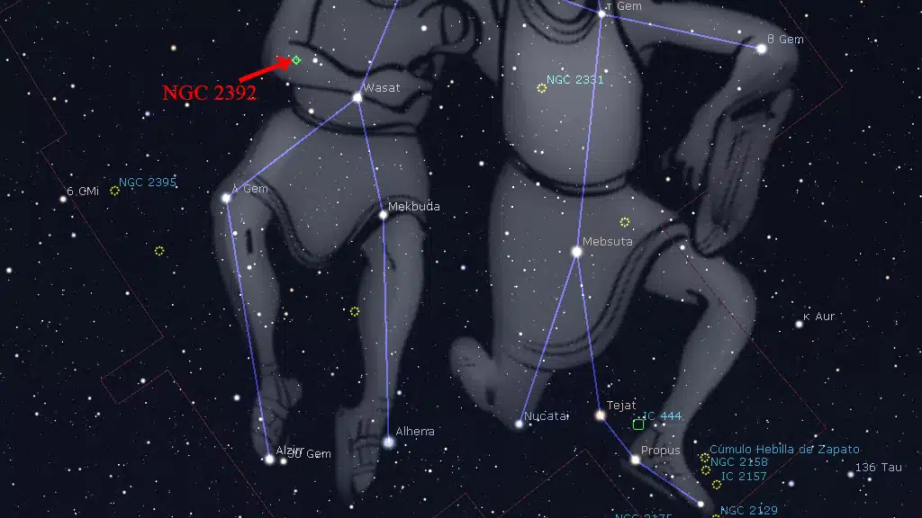 Constelaciones de invierno: Ubicación de la Nebulosa "El Esquimal" (NGC 2392), en Géminis.