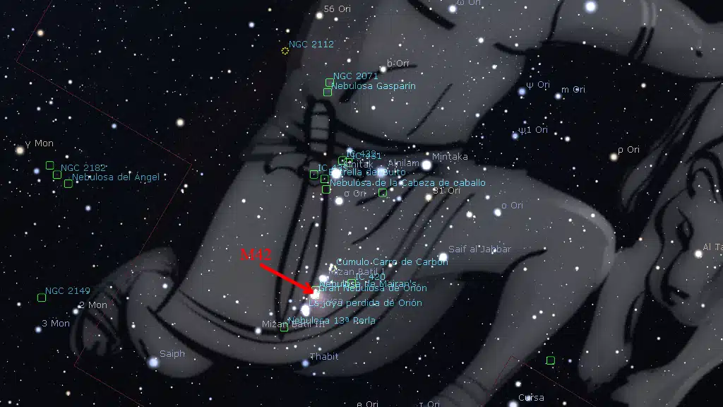 Constelaciones de invierno: Ubicación de M42, en Orión.