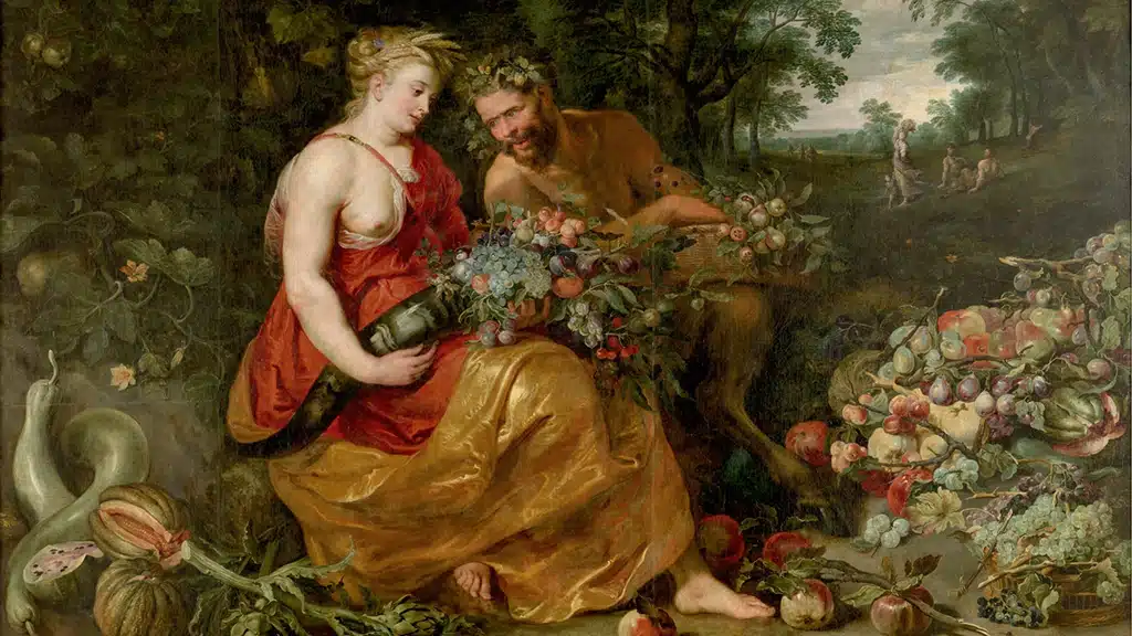 Ceres, diosa de la Tierra y la agricultura, representada llevando un manojo de espigas de trigo en la cabeza. A su lado, Pan, el dios de los pastores y los rebaños, con una corona de hojas de roble. Ceres simboliza la naturaleza cultivada, mientras que Pan representa la naturaleza salvaje. El cuerno de la abundancia y las frutas y verduras esparcidas a su alrededor, aluden a la fecundidad y fertilidad de la Tierra.