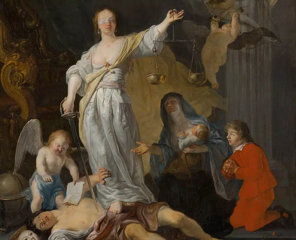 Dike, la Diosa de la Justicia, representada con una balanza en su mano izquierda, una espada en la derecha y los ojos vendados.