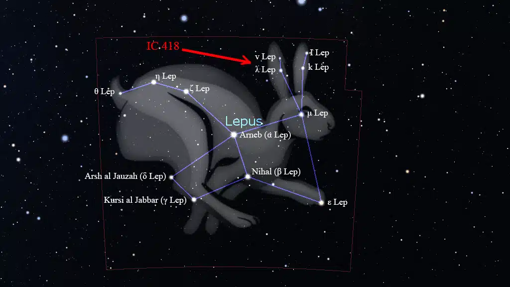 Constelaciones de invierno: Ubicación de IC 418, en Lepus (La Liebre).