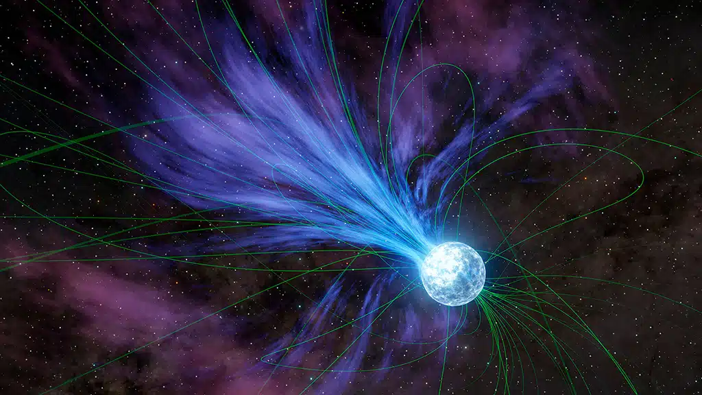 Concepto artístico de un magnetar, y su fuerte campo magnético, expulsando material al espacio en una eyección que provoca la desaceleración de su movimiento de rotación. Las líneas verdes delgadas, que representan el campo magnético, influyen en el movimiento alrededor del magnetar del material cargado eléctricamente.