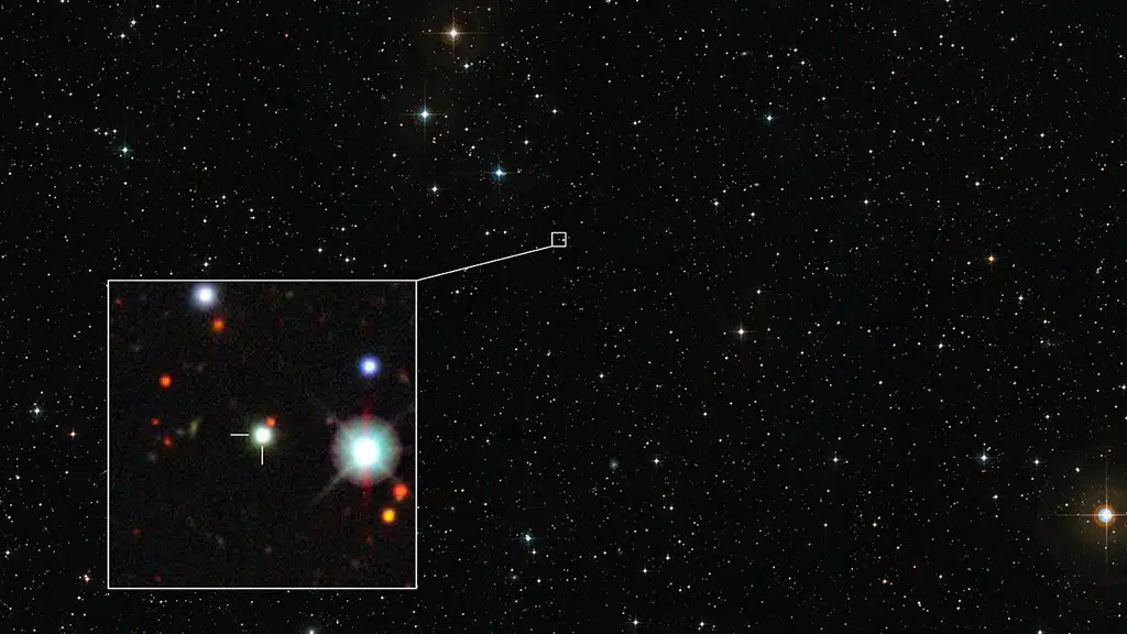 Esta imagen muestra la región del cielo en la que se encuentra el quásar J0529-4351. Se creó a partir de imágenes que forman parte del Digitized Sky Survey 2, mientras que el recuadro muestra la ubicación del quásar en una imagen del Dark Energy Survey.