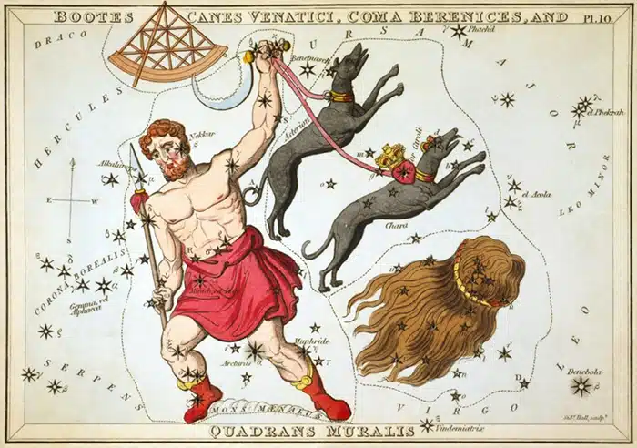 Constelaciones de Bootes, Canes Venatici y Coma Berenices. En esta imagen, Canes Venatici se muestra como se representaba a partir del siglo XVIII: Alfa CVn, la más brillante de las dos estrellas que formaban el "perro del sur", fué renombrada como Cor Caroli y Beta CVn pasó a denominarse Chara.