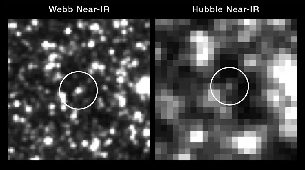 La imagen del Telescopio Espacial James Webb (izquierda) es significativamente más nítida en longitudes de onda del infrarrojo cercano que la de Hubble (derecha). En la imagen de Webb, la estrella Cefeida del centro destaca más claramente, eliminando cualquier posible confusión. Webb examinó una muestra de Cefeidas, confirmando la precisión de las anteriores observaciones del Hubble, fundamentales para medir con precisión la tasa de expansión del Universo.