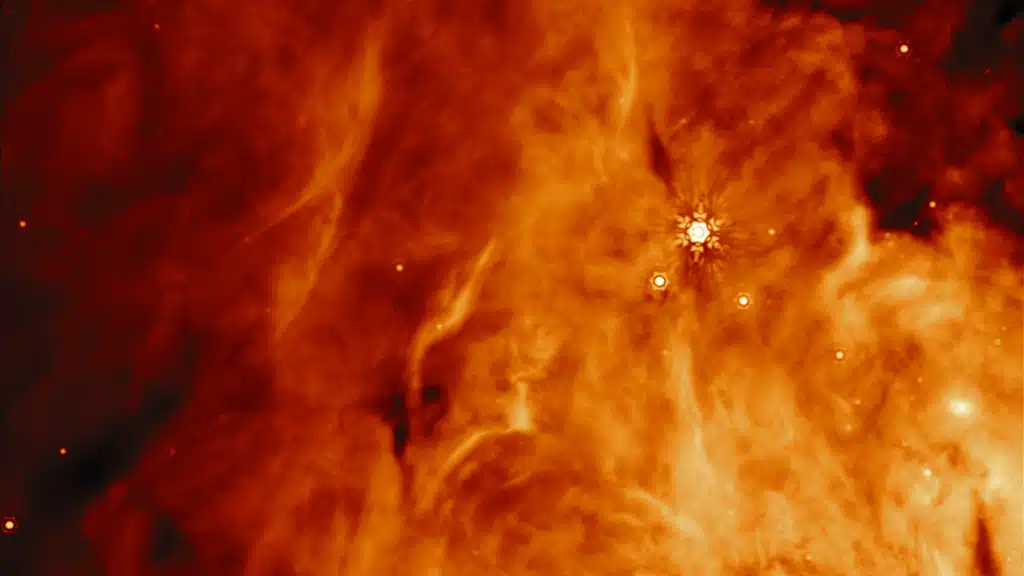 Esta imagen fue tomada por el Instrumento de Infrarrojo Medio (MIRI) del Telescopio Espacial James Webb de una región paralela a la protoestrella masiva conocida como IRAS23385.