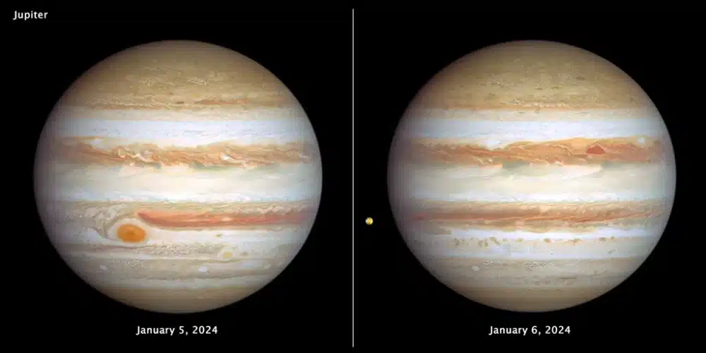 Imágenes del Hubble de las caras opuestas A y B que muestran la actividad en la atmósfera de Júpiter: Cara A, tomada el 5 de enero de 2024 y Cara B, tomada el 6 de enero de 2024.