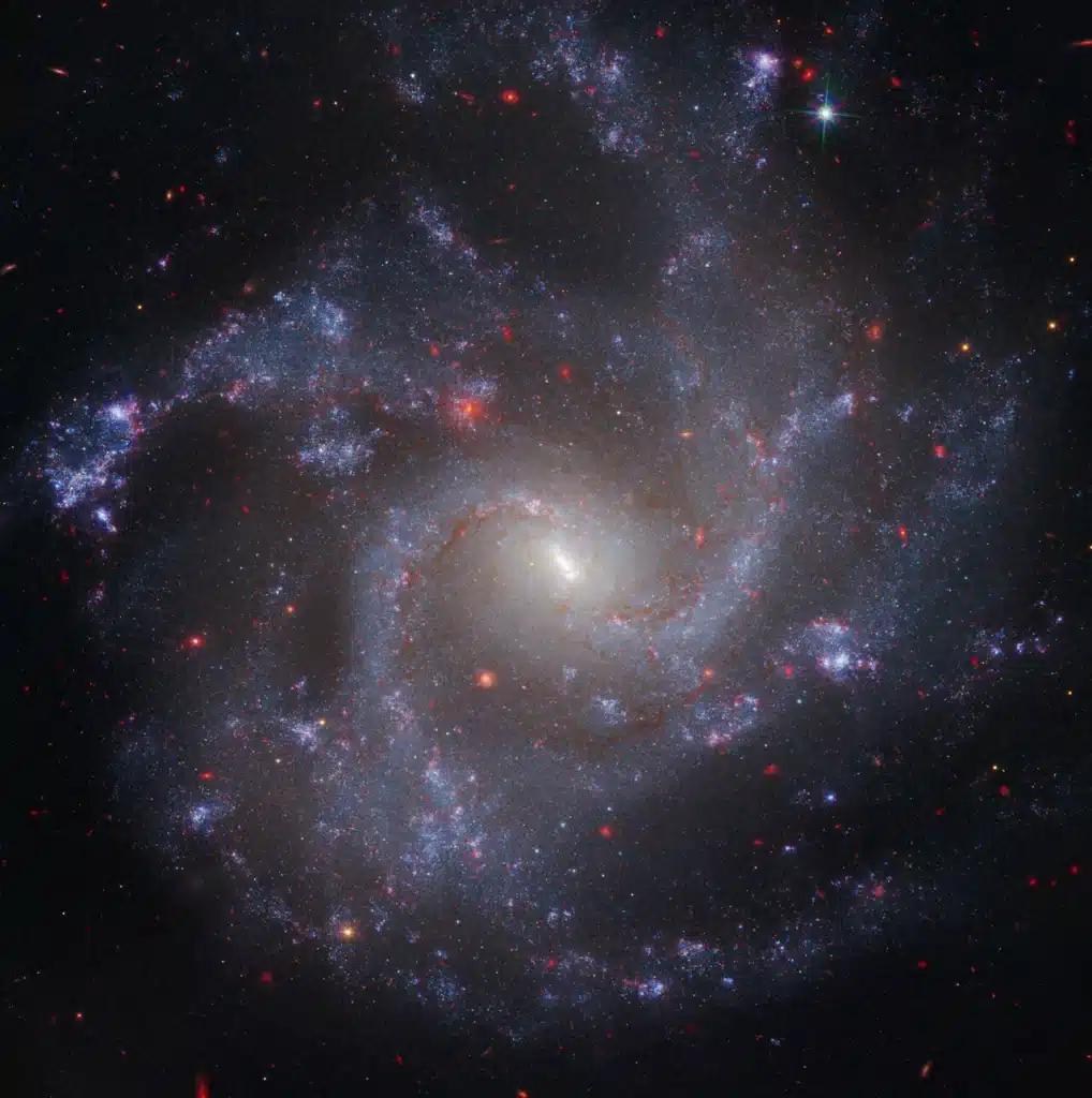 Imagen de NGC 5468, una galaxia ubicada aproximadamente a 130 millones de años luz de la Tierra, que combina datos de los telescopios espaciales Hubble y James Webb. Esta es la galaxia más lejana en la que Hubble ha identificado estrellas variables Cefeidas, que se utilizan para medir la tasa de expansión del Universo.