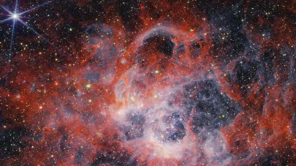 Imagen NIRCam del Webb de la región de formación estelar NGC 604 que muestra cómo los vientos estelares de estrellas jóvenes brillantes y calientes tallan cavidades en el gas y polvo circundantes.