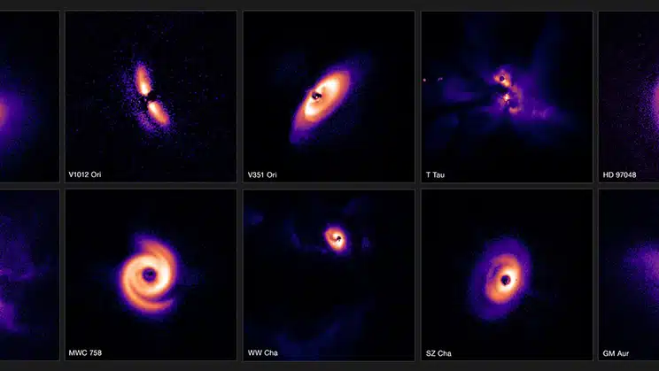 Imágenes capturadas utilizando el instrumento SPHERE en el VLT de ESO. El sistema de óptica adaptativa extrema corrige los efectos de las turbulencias atmosféricas terrestres, proporcionando imágenes nítidas de los discos de acreción. Para bloquear el intenso resplandor de las estrellas, se utilizó una máscara circular llamada coronógrafo, revelando así los tenues discos de acreción que las rodean.