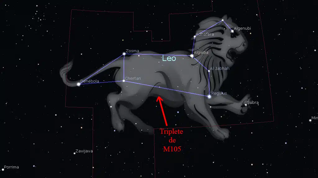 Constelación de Leo: Ubicación del Triplete de M105 (M105, NGC 3384, NGC 3389).