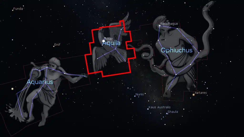 Constelación de Aquila (el Águila): Aquila se encuentra entre Acuarius (Acuario) al este y Ophiuchus (Ofiuco) al oeste.