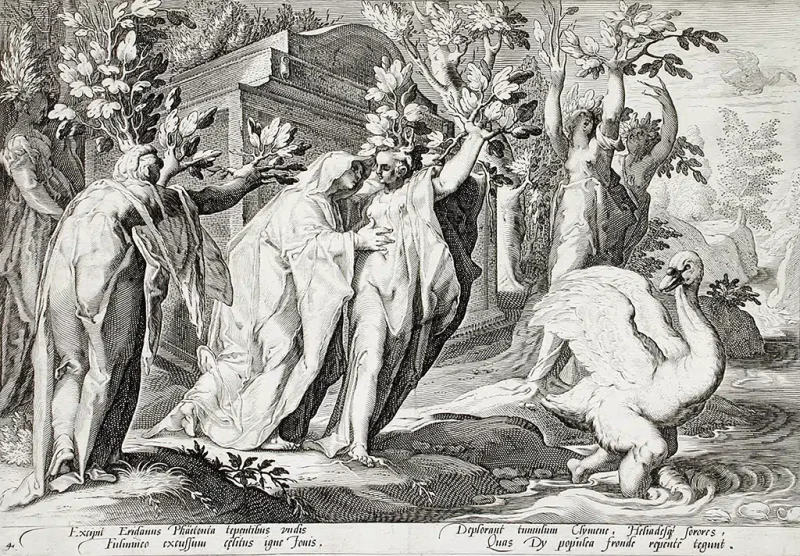 Cicno se transforma en un cisne, mientras las hermanas de Faetón (las helíades), flanquean la orilla del Eridano convertidas en álamos.