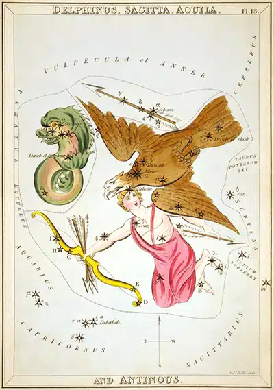 La desaparecida constelación de Antinoo estaba formada por las estrellas de la parte sur de la constelación de Aquila (el Águila).