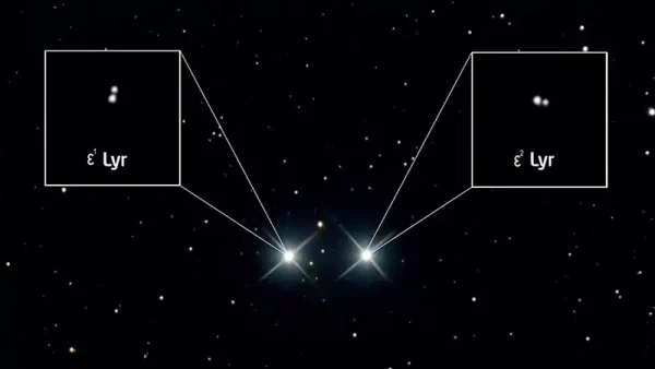 Doble Doble (ε Lyrae): Epsilon Lyrae es una maravillosa estrella en la constelación de Lyra (la Lira) llamada "Doble Doble" porque con suficiente magnificación puede dividirse fácilmente en dos pares de estrellas.