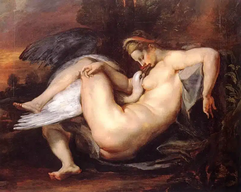 Zeus, en forma de cisne, seduce a Leda, reina de Esparta.