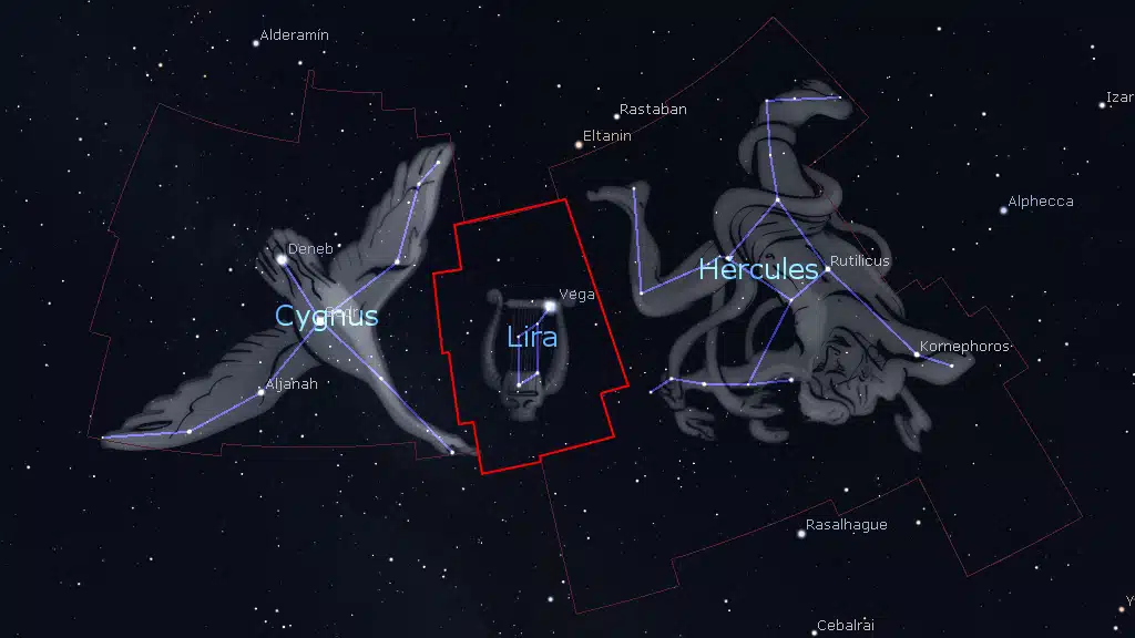 Constelación de Lyra (Lira): Lyra se encuentra entre Cygnus (el Cisne) al noreste y Hércules al suroeste.