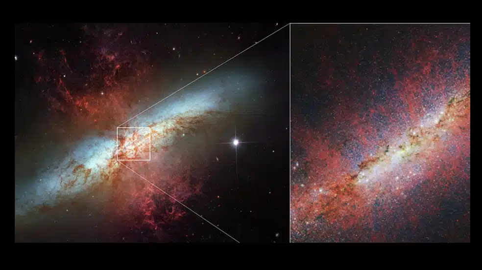 Gracias a la gran sensibilidad del telescopio Webb en el infrarrojo, un equipo de científicos ha sido capaz de observar el núcleo mismo de M82, una galaxia con intensa formación estelar. Esto está permitiendo obtener una mejor comprensión de la formación estelar y cómo esta actividad extrema está afectando a la galaxia en su conjunto.