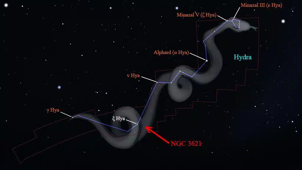 Constelación de Hydra: Ubicación de la galaxia "Marco" (NGC 3621).